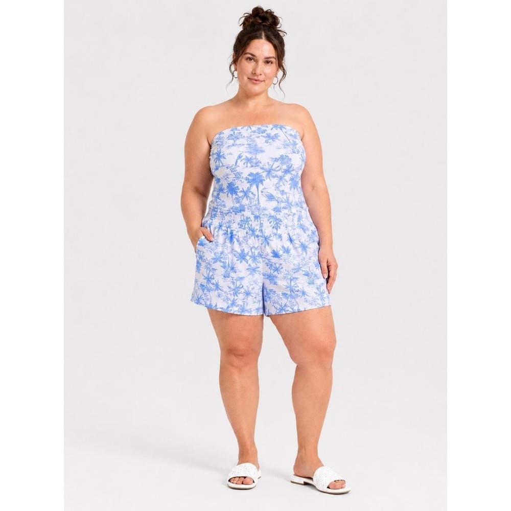 Cotton Tube Top 2x and Linen Blend Tropical Toile Shorts Set Blue White 2x